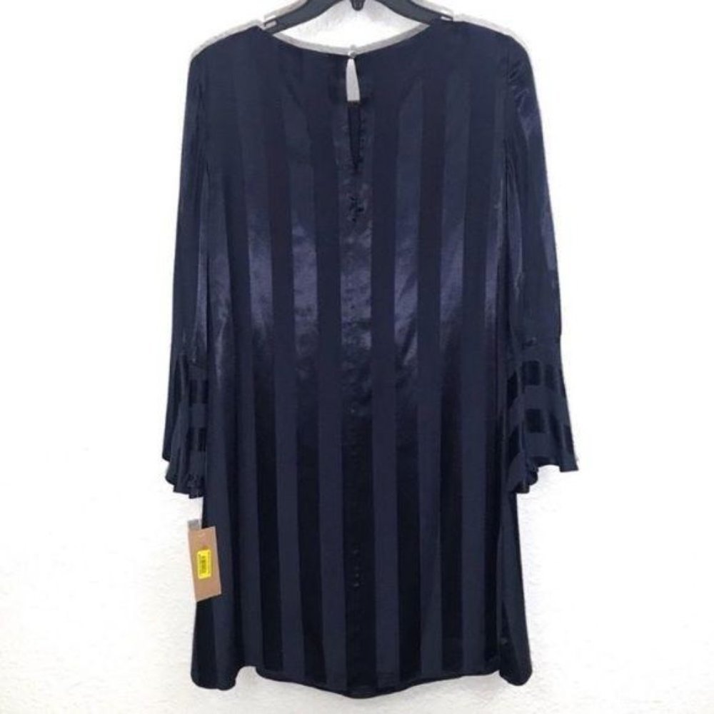 Cremieux Satin Dress Tulip Sleeve Striped Dark Blue Size XS New - Picture 3 of 9